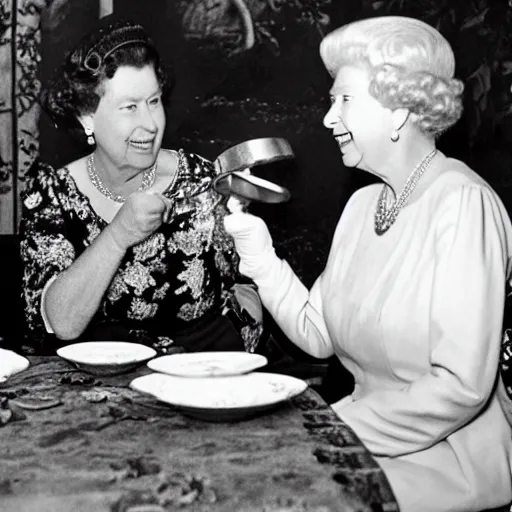 Image similar to photo of queen elizabeth having tea with a caveman