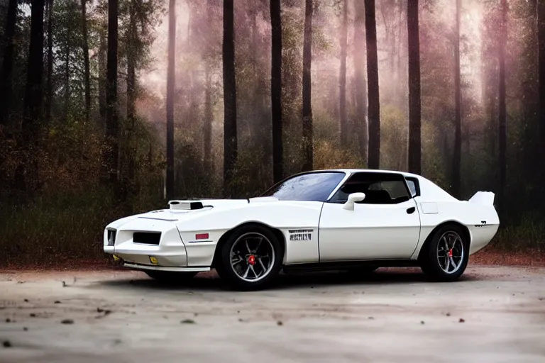 Image similar to reflective white pontiac firebird with flames paintjob with angelic wings attached to sides of the roof, dramatic, cinematic, forest, volumetric lighting