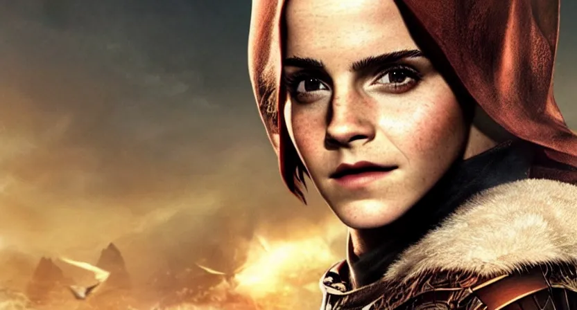Prompt: promotional image of emma watson as a bald elf in dragon age : inquisition, hyperrealistic, detailed face, movie still, promotional image, imax 7 0 mm footage