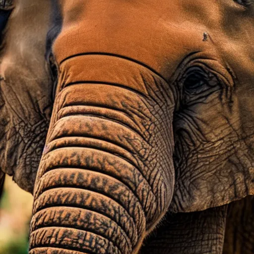 Prompt: a detailed, close - up photograph of an elephant with tiger skin