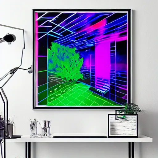 Image similar to vaporwave forest Hyperrealistic Highly detailed neon geometric ink painting, trending on Art Station