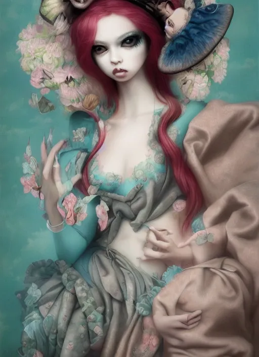 Image similar to pop surrealism, lowbrow art, realistic cute seductive female painting, japanese artist kaname ozuma, hyper realism, muted colours, rococo, dorian clevenger, natalie shau tom bagshaw, mark ryden, trevor brown style,
