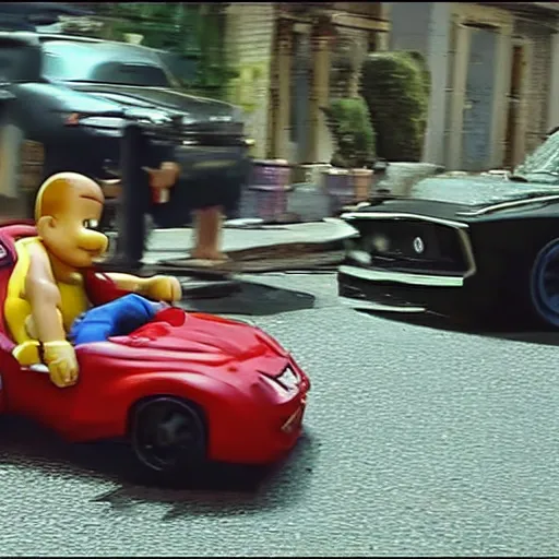 Image similar to vin diesel driving a children toy car, action movie, realistic, hd, 8 k, cinematic, car chase