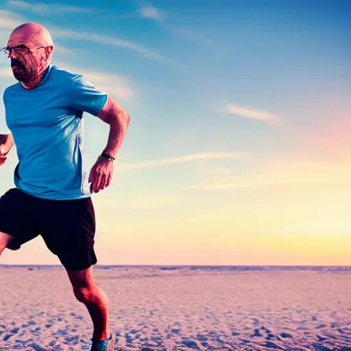 Image similar to Walter White running on the beach, artistic, 8k, cinematic, accurate, symetric, face, dramatic lighting, pastel colours