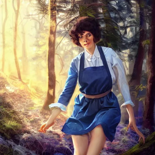 Prompt: a portrait of a 1 9 6 0 s woman with curly black hair and blue eyes, and an apron in the forest, dynamic lighting, fantasy concept art, trending on art station, stunning visuals, cinematic, ultra detailed