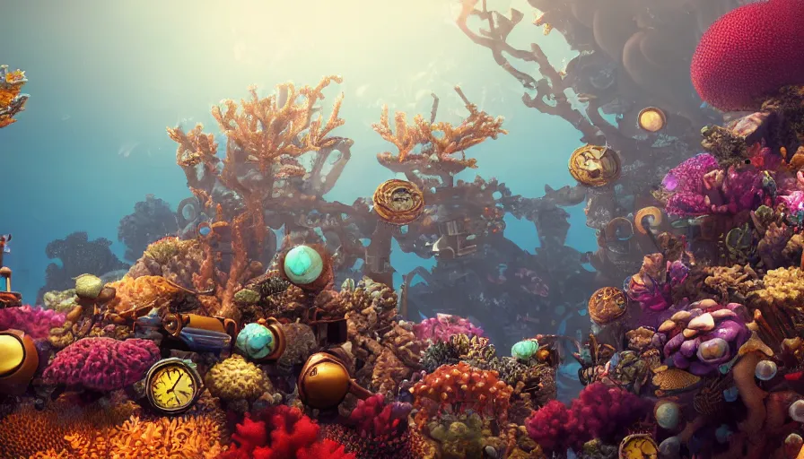 Image similar to steampunk coral reef, octane render, high detail, trending on artstation, high quality wallpaper