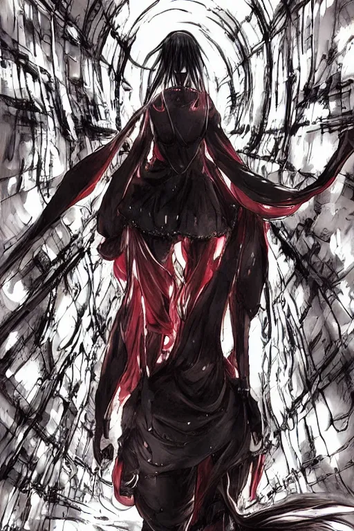 Prompt: beautiful coherent award-winning manga cover art of a mysterious lonely anime woman wearing a plugsuit and traversing an endless concrete hallway, painted by tsutomu nihei full color