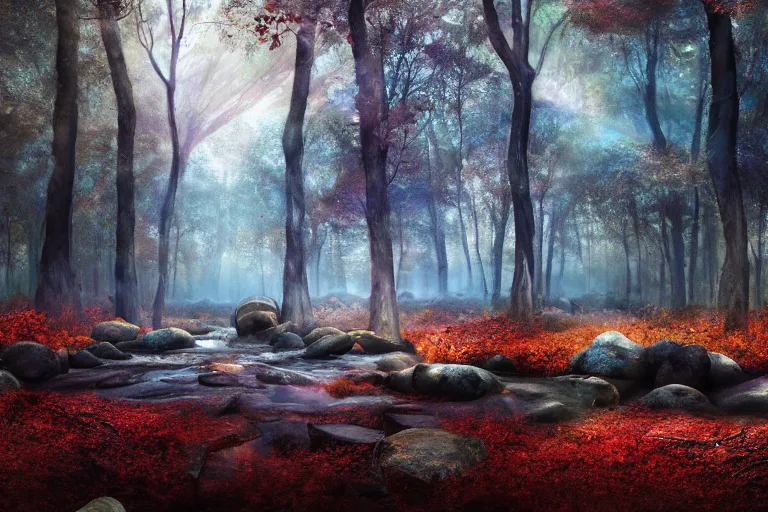 Prompt: deep dark moody candy forest, peppermint stick trees, cotton candy bushes, big colorful rock candy boulders, gumdrop mushrooms, chocolate creek, dark mood. mysterious realistic painting. photobashing, matte painting, highly detailed, autumn, cinematic, hyperrealistic, artstation, dramatic lighting, god rays, clean crisp graphics, smooth sharp focus, extremely detailed