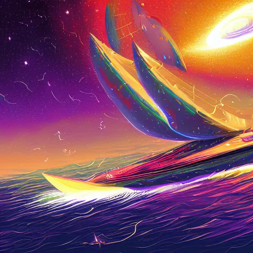 Prompt: digital painting of a cosmic yatch sailing through space by Dan Mumford, trending on Artstation