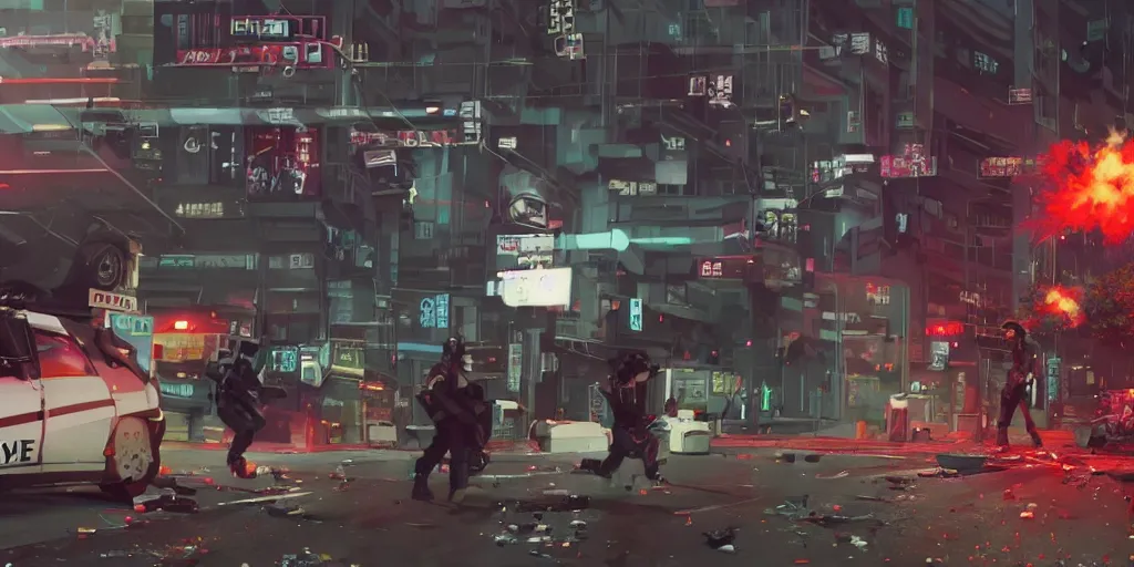 Prompt: 1991 Video Game Screenshot, Anime Neo-tokyo Cyborg bank robbers vs police shootout, bags of money, Police officer hit, Bullet Holes and Blood Splatter, Hostages, Smoke Grenade, Sniper, Chaotic, Cyberpunk, Anime VFX, Machine Gun Fire, Violent, Action, Fire fight, FLCL, Free-fire, Highly Detailed, 8k :4 by Katsuhiro Otomo + Studio Gainax + Arc System Works : 8