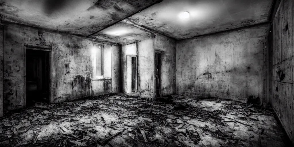 Image similar to a very dark room at night in a derelict house with one light, black and white, grungy