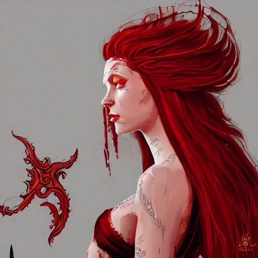 Image similar to red hair priestess, cathedral, D&D, fantasy, intricate, elegant, highly detailed, digital painting, artstation, concept art, matte, sharp focus, illustration, art by Ben Quilty