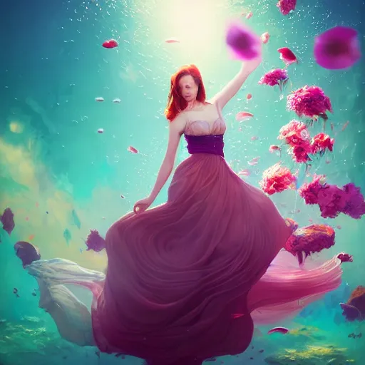 Prompt: Triss Merigold in a swirling sundress of flowers, underwater, floral explosion, radiant light, vortex of plum petals, by WLOP, Beeple and artgerm, artstation, deviantart