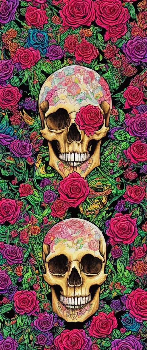 Image similar to ortographic view of a large skull and psychedelic roses with a forest background by Jen Bartel and Dan Mumford and Satoshi Kon, gouache illustration