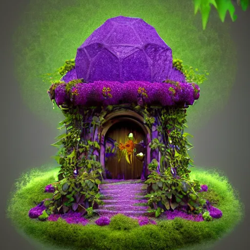 Image similar to A small structure with a dome-shaped roof made from purple vines and some large red flowers with yellow petals at the top, a tall orcish figure stands still inside with its body covered in vines and a large purple crystal at the center, full body render with Vignetting, high-poly count, stylized organic shapes, rendering with Substance Source, detail and texture baked, 8k rendered with Arnold, Vray, Photoshop, ZBrush, Substance Source, Maxwell, Corona and Mental Ray, cinematic lighting and VFX work