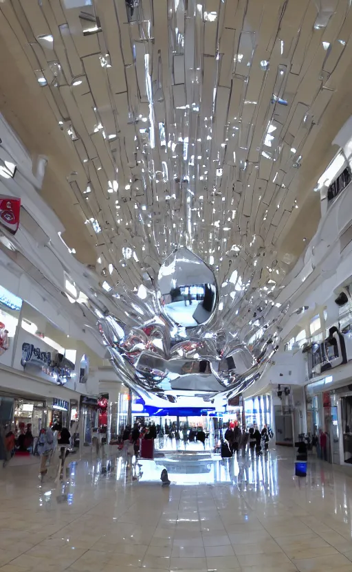 Prompt: photo of a chrome blob in a mallsoft mall, sharp wide shot