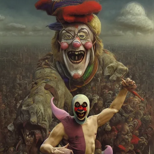 Prompt: vladimir putin, drunk jester, drunk circus performance, unga bunga, wearing clown nose, horror teeth, fantasy 3 d render, masterpiece, by donato giancola and greg rutkowski and wayne barlow and zdzisław beksinski, realistic face