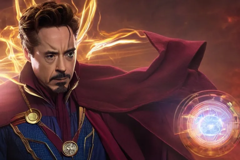 Prompt: film still of Robert Downey Jr as Doctor Strange in Avengers infinity War