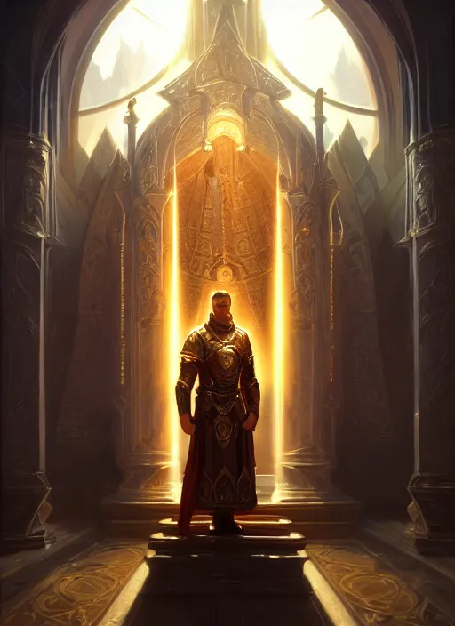 Image similar to portrait of uther the paladin, intricate, elegant, god rays, blessed altar, holy glowing lights, highly detailed, digital painting, artstation, concept art, smooth, sharp focus, illustration, art by wlop, mars ravelo and greg rutkowski