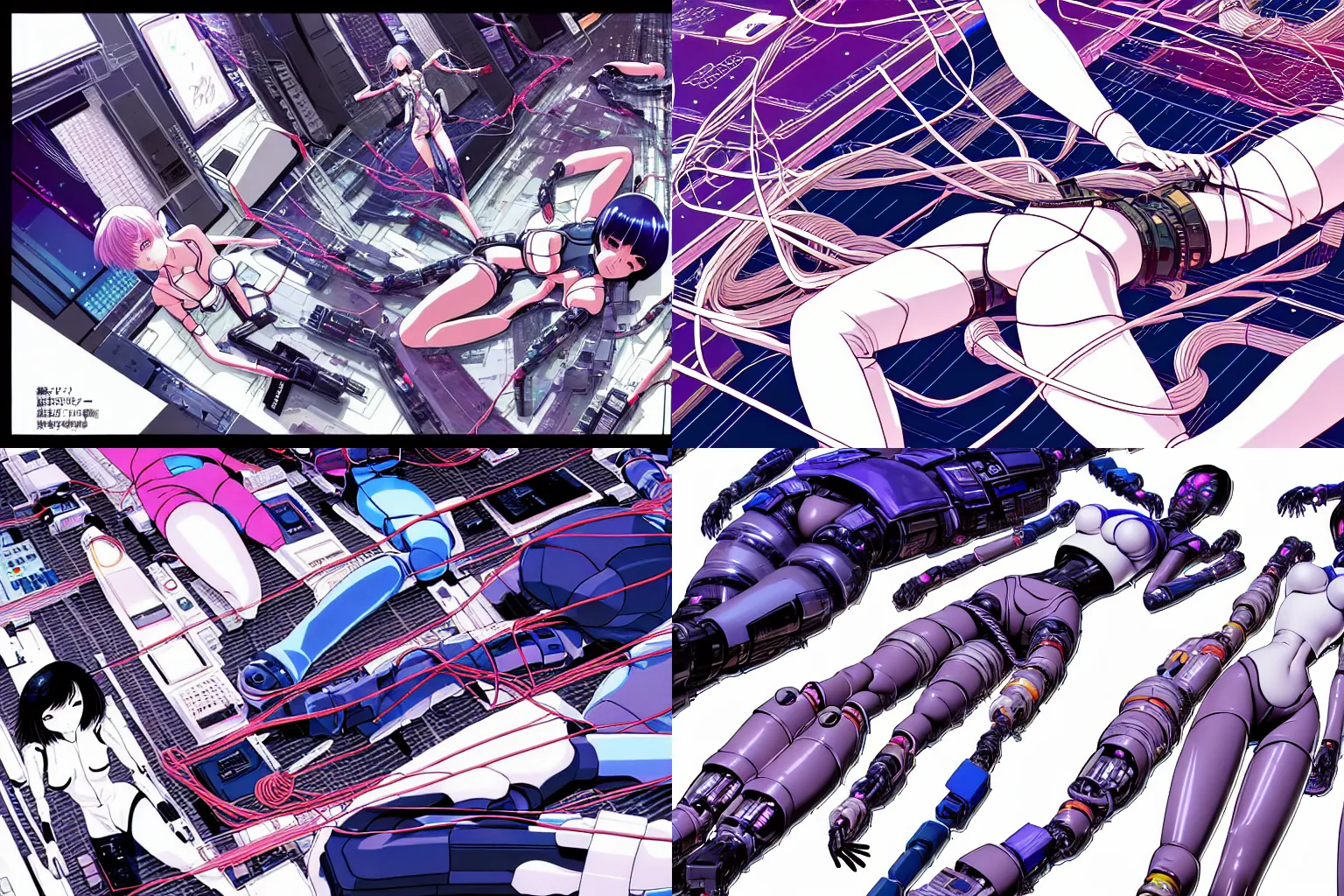 Prompt: a cyberpunk illustration of a group of super coherent female androids in style of yukito kishiro, lying on an abstract, empty, white floor with their body parts scattered around in various poses and cables and wires coming out, by masamune shirow and katsuhiro otomo, hyper-detailed, intricate, colorful, view from above, wide angle, close up, beautiful