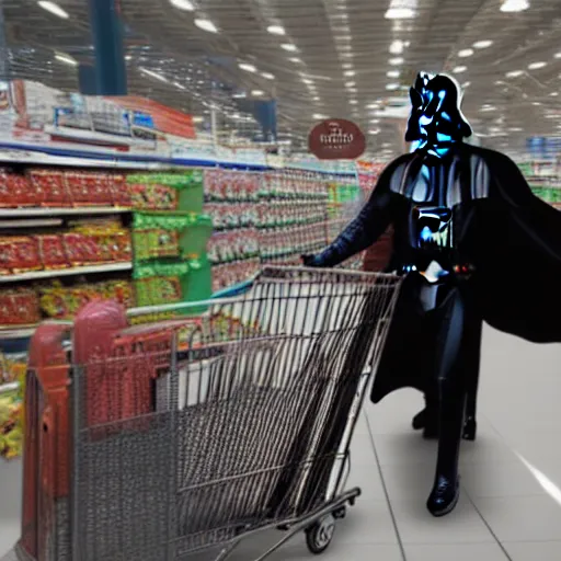 Image similar to A still of a Darth Vader shopping for groceries at Walmart with a shopping cart, 4k, 35mm, photograph, photoreal, ultra realistic, highly detailed, professional lighting