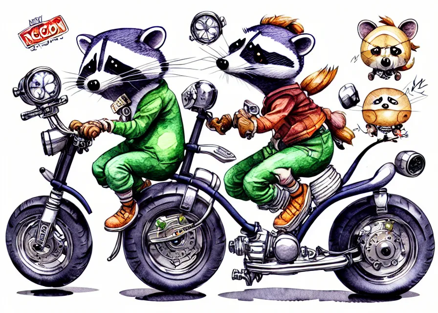 Image similar to cute and funny, racoon riding in a tiny sport motorcycle with oversized engine, ratfink style by ed roth, centered award winning watercolor pen illustration, isometric illustration by chihiro iwasaki, edited by range murata, tiny details by artgerm and watercolor girl, symmetrically isometrically centered