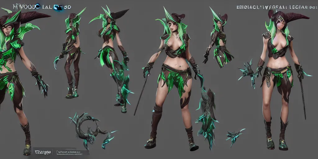 Image similar to character sheet of elderwood akali ( league of legends ). hyperreal 3 d octane render 8 k