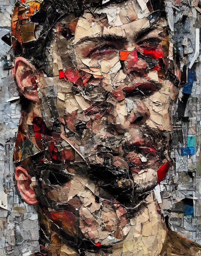 Prompt: brutal male fight detailed analogue mixed media collage with canvas texture in style of contemporary art, punk art, hyperrealistic beautiful face, photorealistic, expressionism, masterpiece, perfect composition, spectacular quality, intricate oil details, vivid broken glass, torn paper