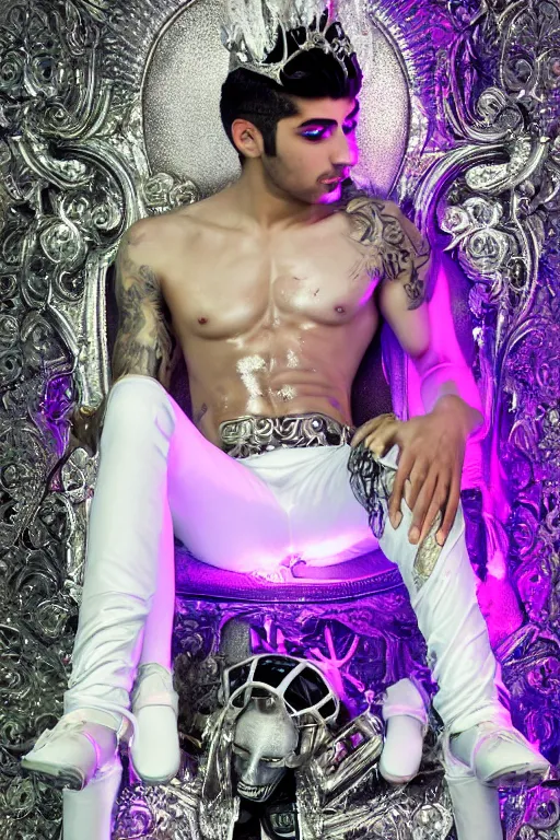 Image similar to full-body rococo and cyberpunk style neon statue of a muscular attractive Zayn Malik macho dotado e rico android sim roupa reclining con las piernas abertas e la piroca dura, glowing white lasers, glowing eyes, silver prince crown, silver steampunk gears, white diamonds, swirling mint-colored silk fabric. futuristic elements. ethereal white dripping tar. full-length view. space robots. human skulls. intricate artwork by caravaggio. Trending on artstation, octane render, cinematic lighting from the right, hyper realism, octane render, 8k, depth of field, 3D