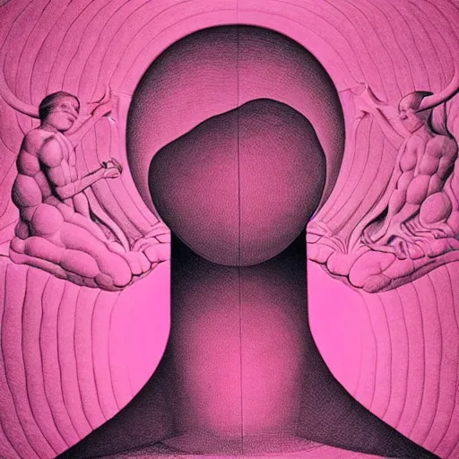 Image similar to pink grainy spray effect super conceptual figurative post - morden monumental figurative portrait made by escher and william blake, highly conceptual figurative art, intricate detailed illustration, illustration sharp geometrical detail, vector sharp graphic, controversial, manga 1 9 9 0