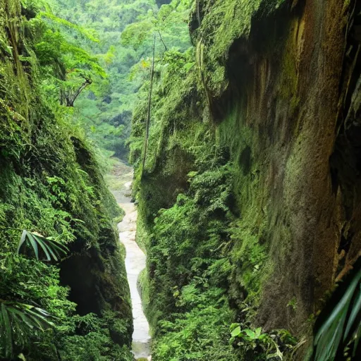 Prompt: a canyon in the middle of a tropical rain forest.