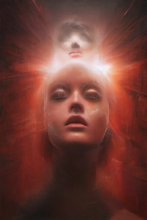 Image similar to 3 d, sci - fi, morning, happy fashion model face, sun, cinematic, lightning, clouds, vogue cover style, stanley kubrick, light red and deep orange mood, realistic painting, intricate oil painting, high detail, figurative art, multiple exposure, poster art, 3 d, by tooth wu and wlop and beeple and greg rutkowski