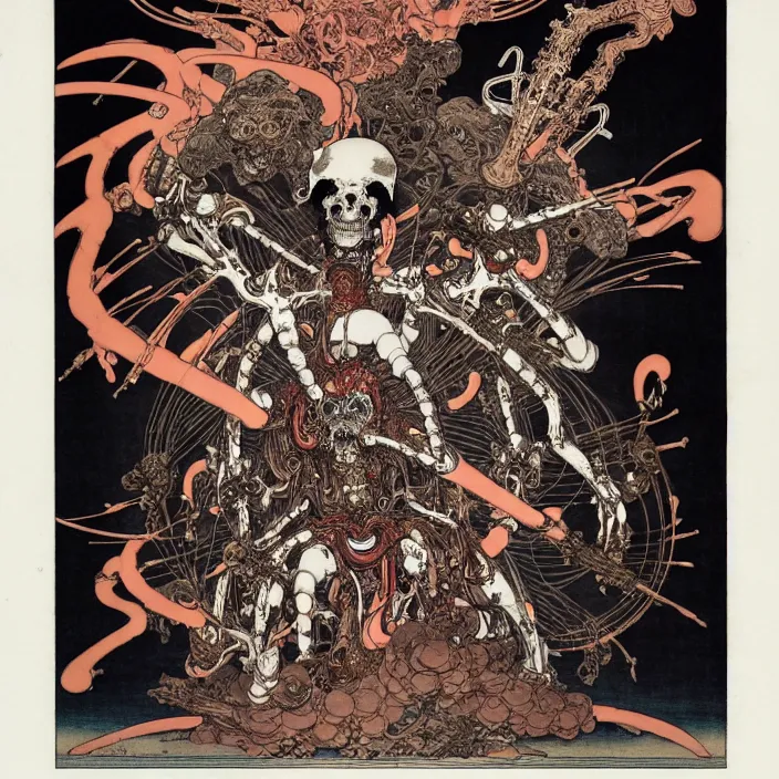 Image similar to still frame from Prometheus by Utagawa Kuniyoshi, Ossiarch Bonereaper ornate bone cyborg god powered by magic and souls exploding along by Wayne Barlowe by peter Mohrbacher by Giger, dressed by Alexander McQueen and by Neri Oxman, metal couture hate couture editorial