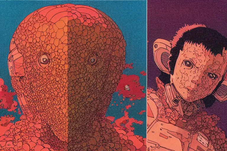 Image similar to risograph grainy drawing vintage sci - fi, satoshi kon color palette, gigantic gundam full - body covered in dead coral reef, 1 9 8 0, kodachrome, natural colors, codex seraphinianus painting by moebius and satoshi kon and dirk dzimirsky close - up portrait