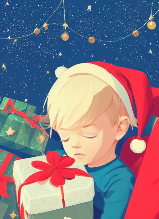 Prompt: two year old with short blonde hair, asleep at christmas. surrounded by gifts. high quality detailed face. clean cel shaded vector art. shutterstock. behance hd by lois van baarle, artgerm, helen huang, by makoto shinkai and ilya kuvshinov, rossdraws, illustration, art by ilya kuvshinov