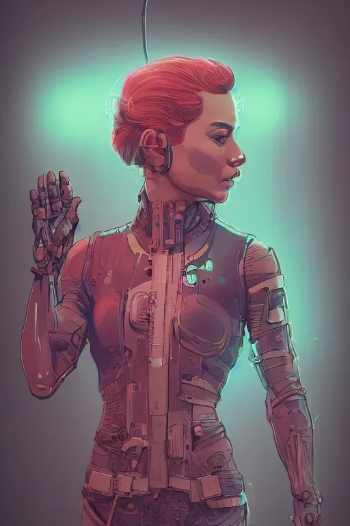 Image similar to portrait of a girl with a biomechanic scale fish and neon light by Laurie Greasley and Greg Rutkowski , digital painting, highly detailed, trending on artstation