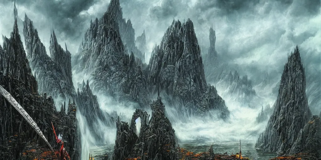 Prompt: ultra realistic illustration, epic high fantasy landscape. elric of melnibone graphic art print by michael whalen