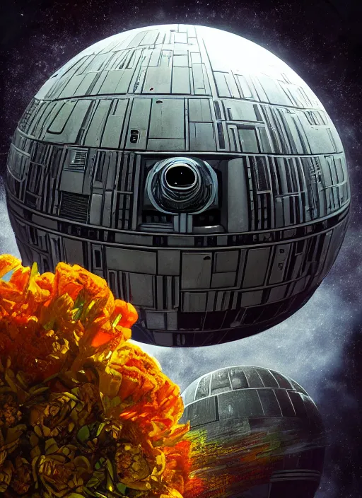 Prompt: An epic fantastic realism comic book style painting of the Death Star made of the most beautiful flowers, fisheye lens, unreal 5, DAZ, hyperrealistic, octane render, dynamic lighting