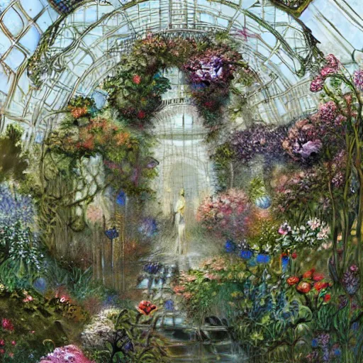 Image similar to a beautifull intricate greenhouse with many flowers, reflexions, high details by william turner art, greg rutkowski and alphonse mucha, trending on artstation, very very detailed, masterpiece,