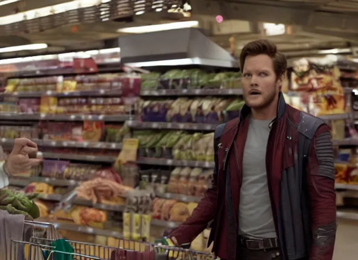 Image similar to film still of Star-Lord shopping in a supermarket in the new Guardians of the Galaxy movie, 4k