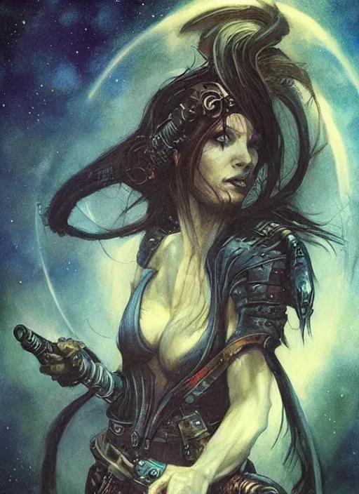 Image similar to portrait of female space pirate, night sky background, beautiful! coherent! by brom, by brian froud, deep color, strong line, high contrast