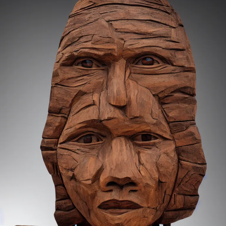 Image similar to public sculpture minimalist portrait of a powerful navajo woman, beautiful symmetrical face accurate face detailed face realistic proportions, carved out of juniper wood on a pedestal by stephan balkenhol and martin puryear, hyperrealistic dramatic lighting shocking detail trending on artstation 8 k