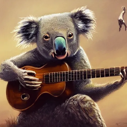 Image similar to Koala playing a guitar, highly detailed, fantasy art, in the style of greg rutkowski, illustration, epic, fantasy, intricate, hyper detailed, artstation, concept art, smooth, sharp focus, ray tracing