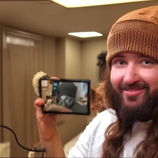 Image similar to chubby Jesus Christ wearing a brown beanie doing a livestream on YouTube