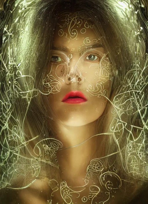 Prompt: glowing silver and golden elements, full close-up portrait, beautiful female portrait model from shutterstock as a dark witch, book cover, green forest, white moon, red lips, establishing shot, extremly high detail, photo-realistic, cinematic lighting, pen and ink, intricate line drawings, by Yoshitaka Amano, Ruan Jia, Kentaro Miura, Artgerm, post processed, concept art, artstation, matte painting, style by eddie, raphael lacoste, alex ross