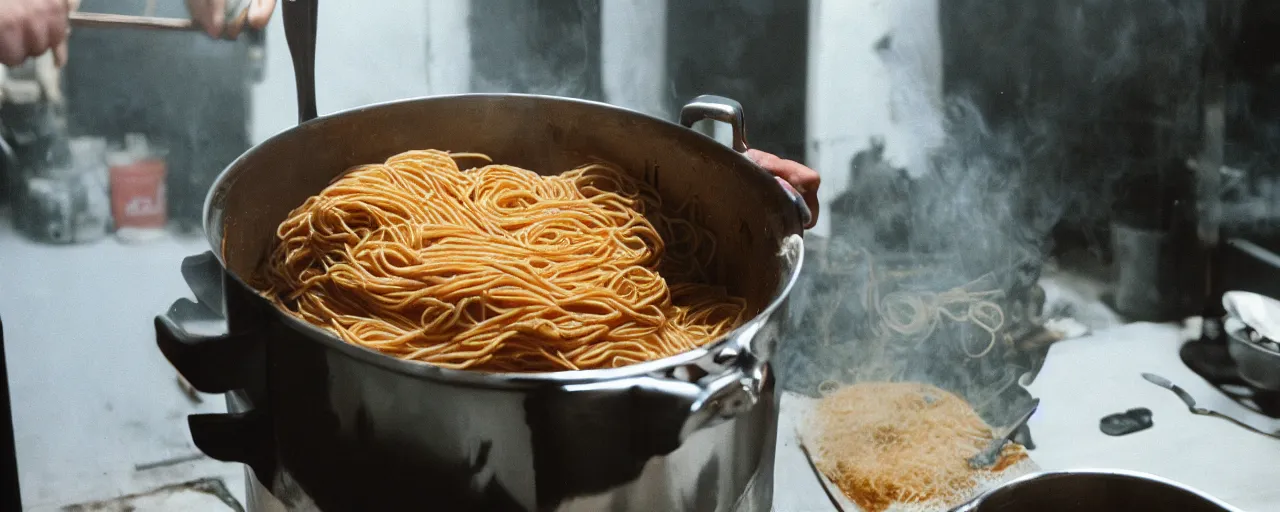 Image similar to medium shot of spaghetti being cooked in a large pot, minimal, sharply focused, canon 5 0 mm, wes anderson film, kodachrome