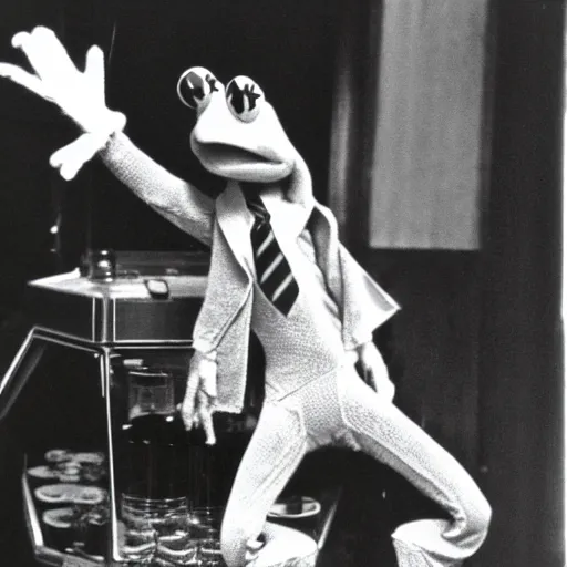 Image similar to vintage photograph of kermit the frog in a 1 9 7 0 s club