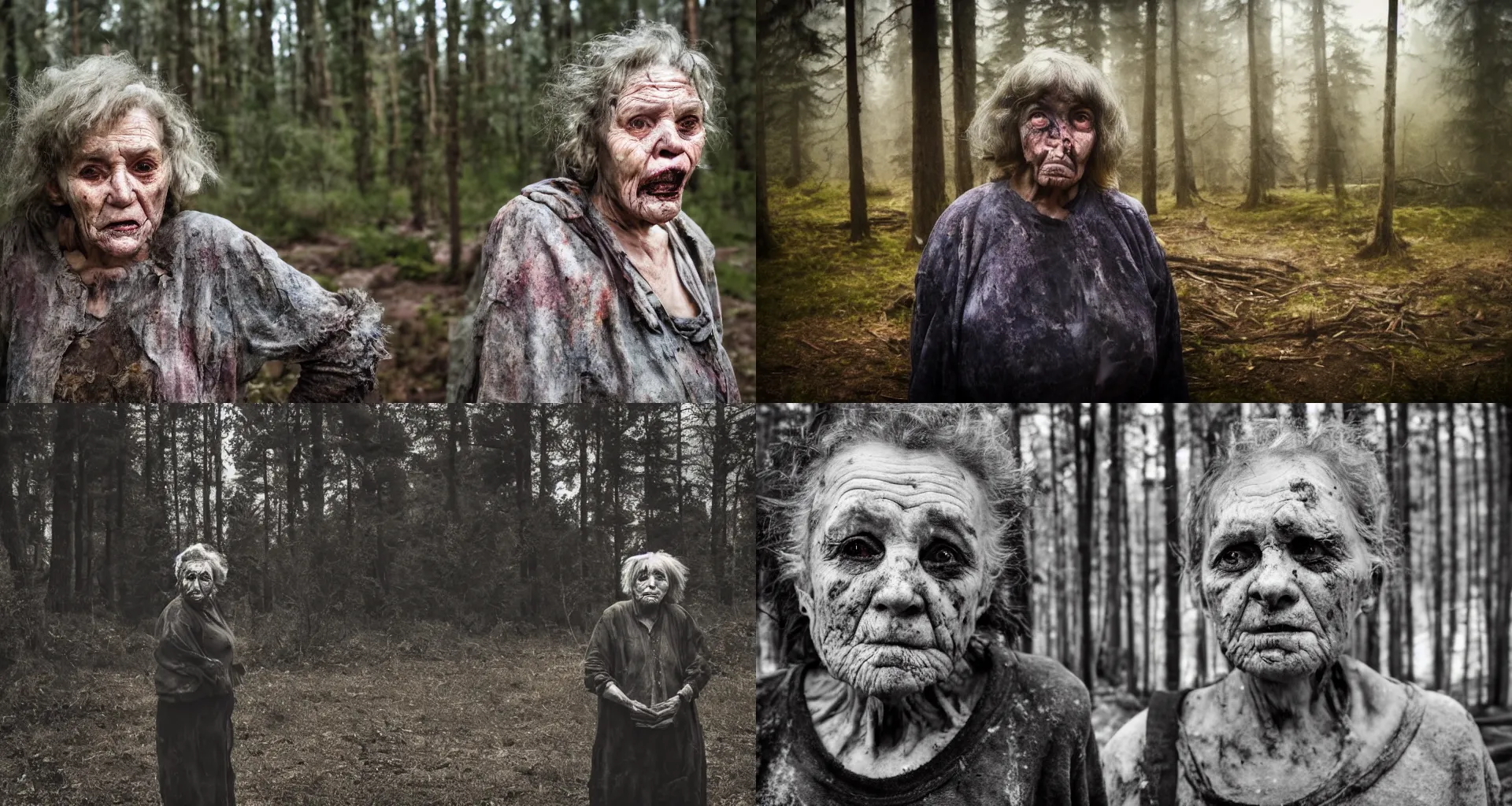 Prompt: portrait of an ugly old woman with sinister face and dirty clothes standing outside of an old cabin and forest in the background, blurry background, macro, strong depth of field, moody, utopian looking, 80s, hyperrealistic, dramatic lighting, cinematic, matte painting, vivid