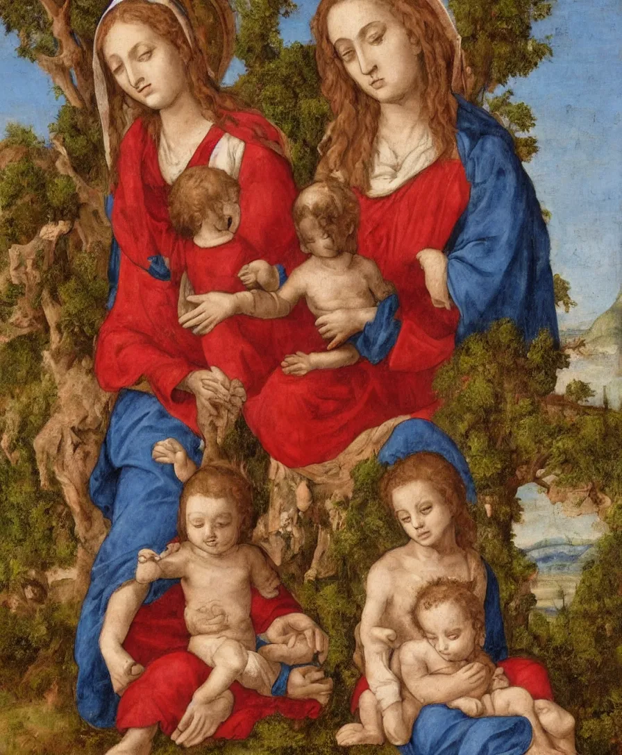 Image similar to Detailed Portrait of Madonna, curly red hair red shirt blue cloth, with infant Jesus, holding a thin cross and talking with another boy in front in the style of Raffael. They are sitting in a dried out meadow trees near Florence tuscany, red poppy in the field. The horizon is blue, there is a blue lake with a town and blue mountains. Flat perspective.