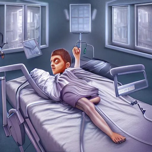 Prompt: I woke up in pieces, hospital bound, surreal, fantasy, digital art